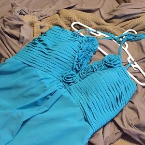 Aqua Chiffon Halter Prom Dress - Size 22